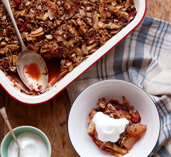 Rhubarb & Pear Coconut Crumble | dessert recipes | BakeClub