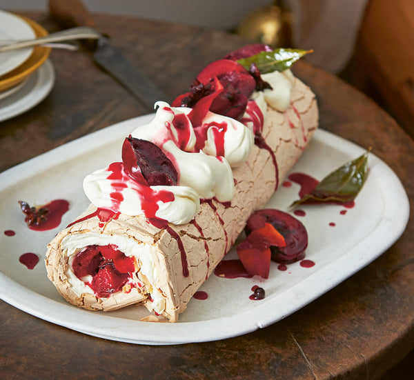 Natalie Paull's Coconut Sugar Pavlova Roll & Spiced Grilled Blood Plums – BakeClub
